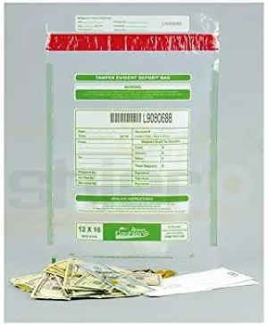 100 Cashier Depot Tamper Evident Bank Deposit Bags, 12" x 16" Clear, Serialized Numbering, Barcode, Press & Seal Void Closure Tape (100)