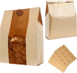 100 Pack Bread Bags for Homemade Bread,Thicker Sourdough Kraft extra large Paper Bag with Clear Front Window, Storage for Baked Goods Label Seal Sticker Included(14'' X 8.3'' X 3.5'')
