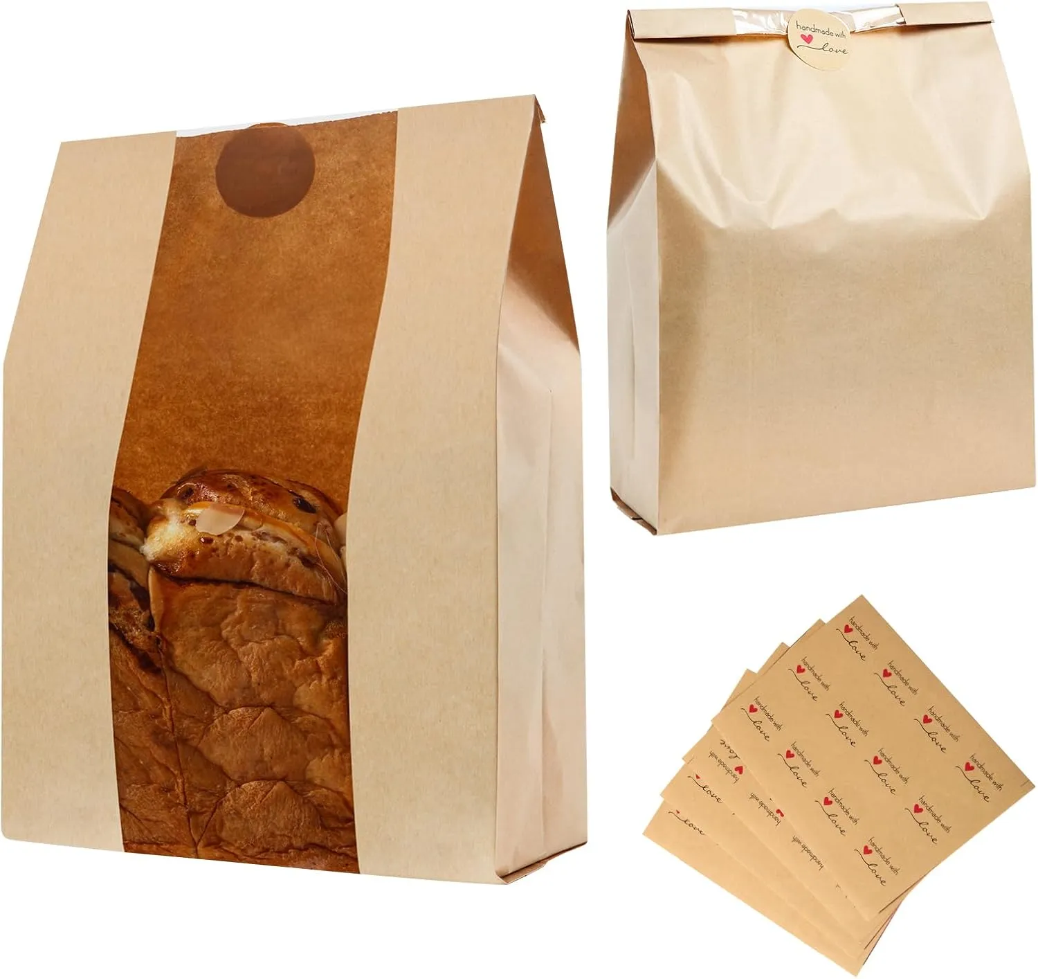 100 Pack Bread Bags for Homemade Bread,Thicker Sourdough Kraft extra large Paper Bag with Clear Front Window, Storage for Baked Goods Label Seal Sticker Included(14'' X 8.3'' X 3.5'')
