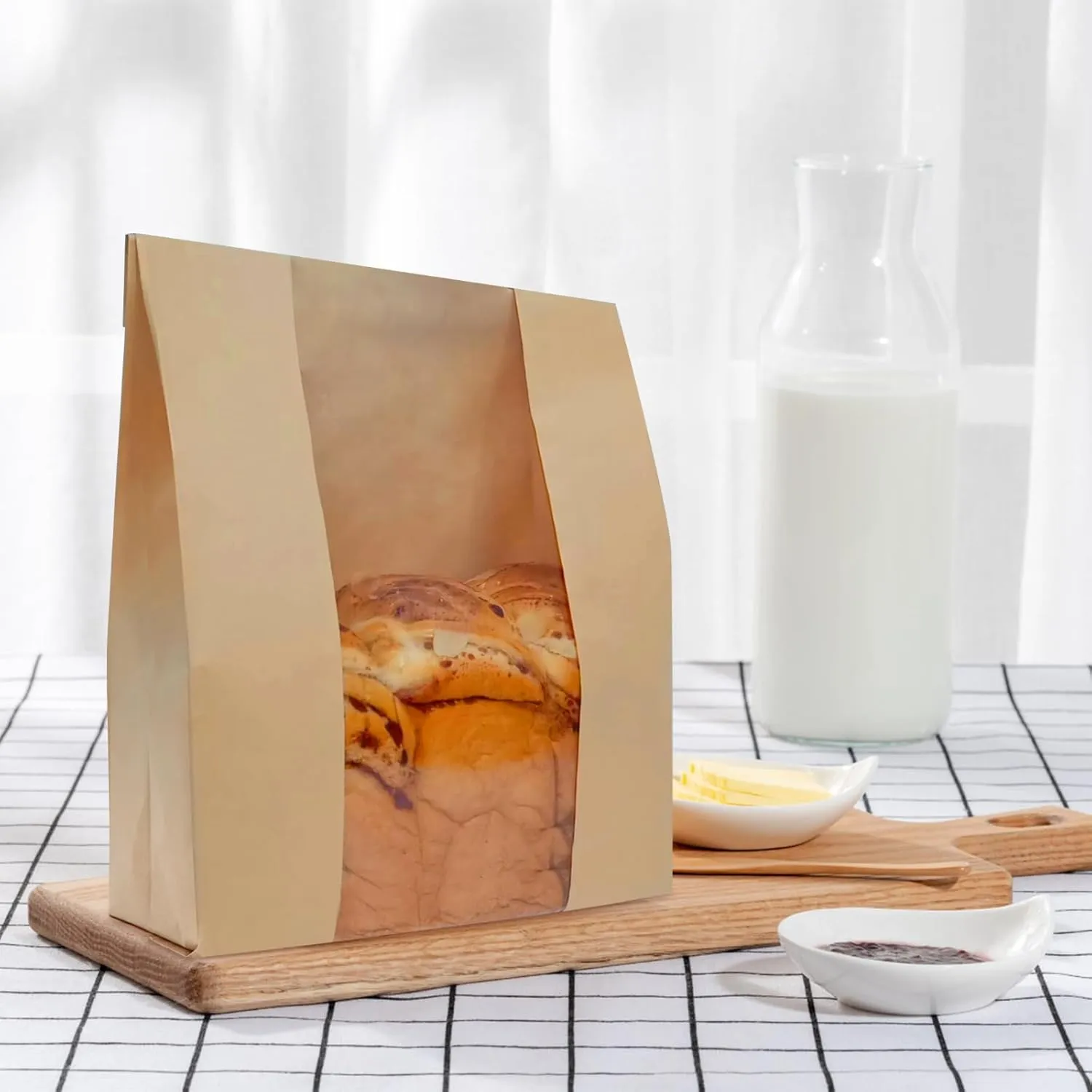 100 Pack Bread Bags for Homemade Bread,Thicker Sourdough Kraft extra large Paper Bag with Clear Front Window, Storage for Baked Goods Label Seal Sticker Included(14'' X 8.3'' X 3.5'')