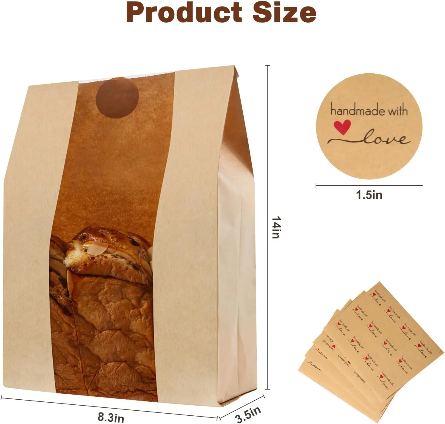 100 Pack Bread Bags for Homemade Bread,Thicker Sourdough Kraft extra large Paper Bag with Clear Front Window, Storage for Baked Goods Label Seal Sticker Included(14'' X 8.3'' X 3.5'')