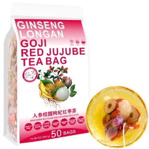 100% Pure Natural Herbal Tea, Ginseng Longan Goji Tea Bag, 300g/10.58oz (6g*50bags) REN SHEN GUI YUAN GOU QIHONG ZAO CHA Goji, Brown Sugar, Red Bean, Peanut, Caffeine Free, No Additives, Non-GMO