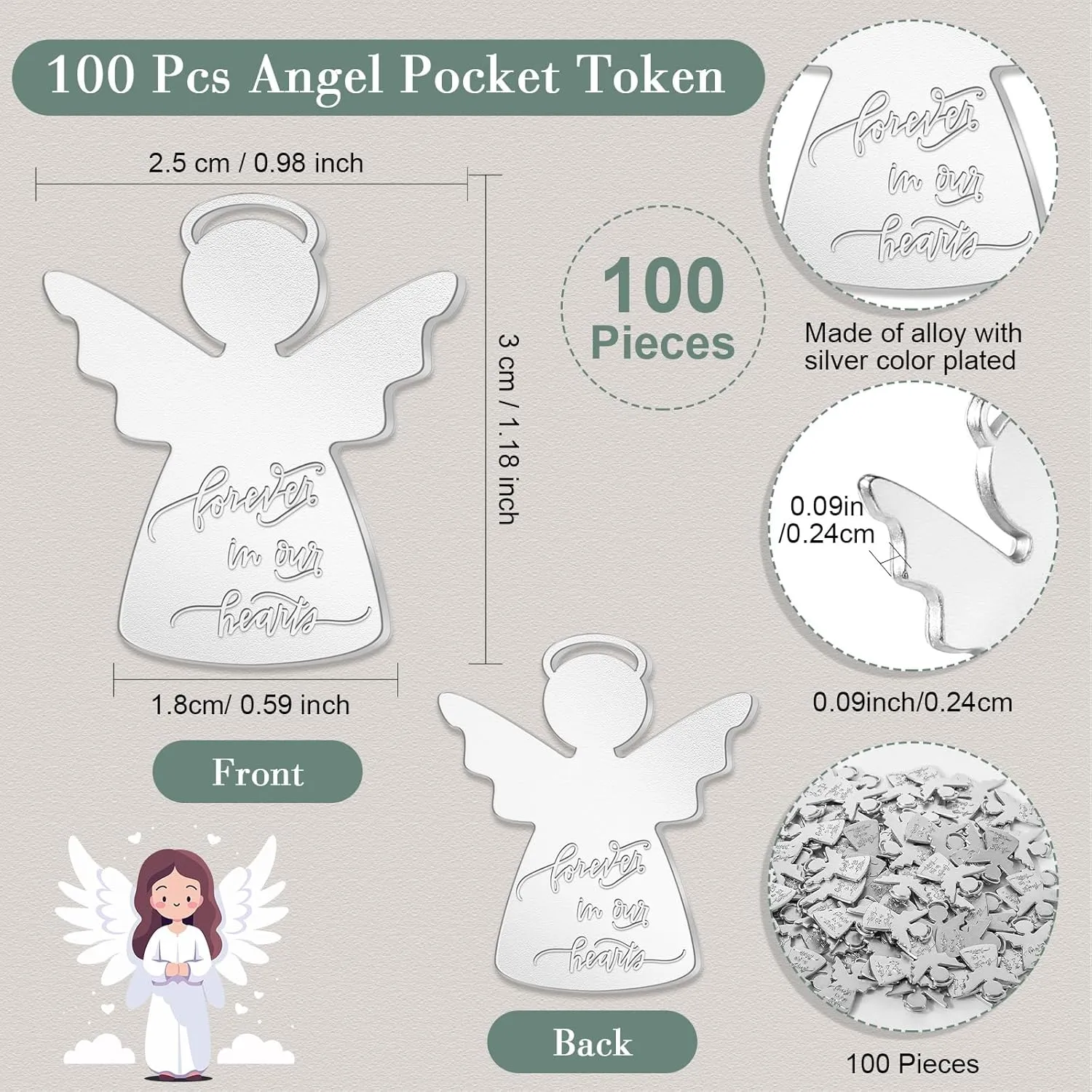 100 Sets Celebration of Life Gift Ideas 100 Guardian Angel Pocket Token 100 Forever in Our Heart Cards 100 White Organza Bags Celebration of Life Funeral Favors for Guests