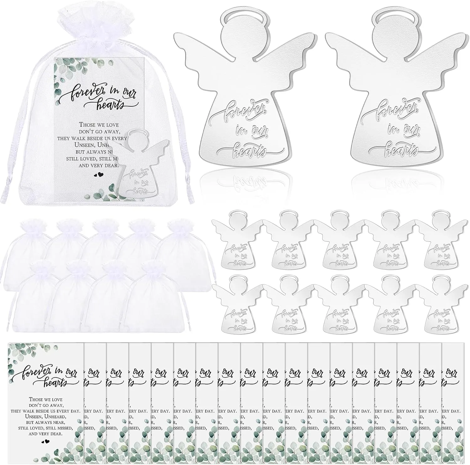 100 Sets Celebration of Life Gift Ideas 100 Guardian Angel Pocket Token 100 Forever in Our Heart Cards 100 White Organza Bags Celebration of Life Funeral Favors for Guests