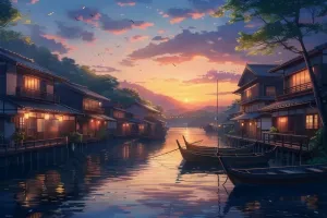 1000 Pieces Puzzles for Adults Kids Cool Anime Fishing Village at Dusk Anime Wooden Puzzles Family Decorations Puzzle Game Education Game Parent Child Game Thick Sturdy Hard Challenging Difficult