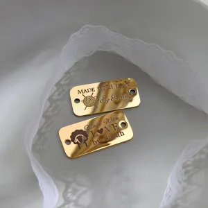 10Pcs Personalized Metal Tags for Crochet Items,22x13mm Oval Custom Tags for Handmade Items,Two Holes Stainless Steel Logo Tags for Crafts,Knitting,Jeans,Bags and Shoes (Gold, Rectangular)
