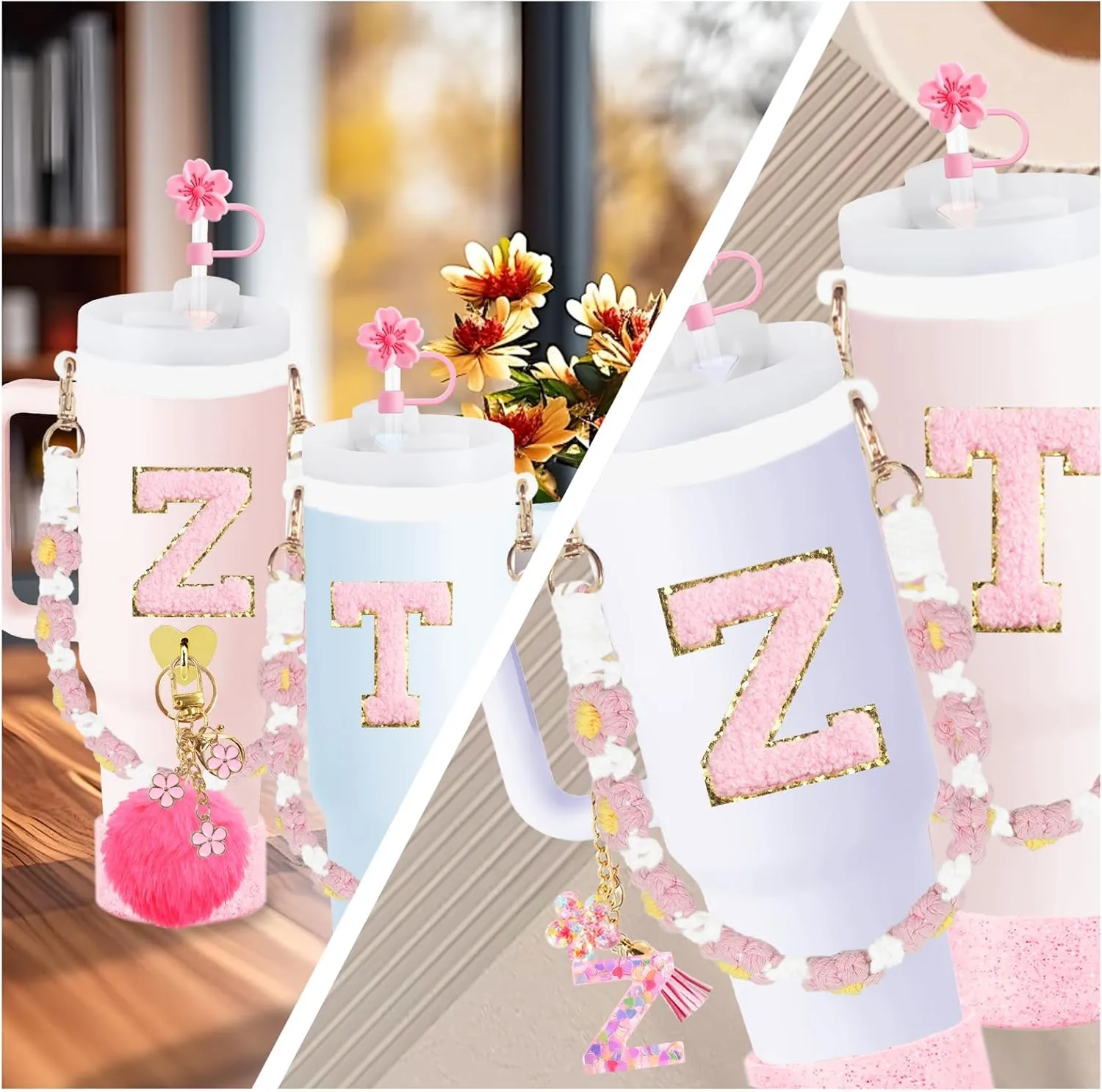 11PCS Cup Accessories for Stanley Cup,Straw Cover Cap for Stanley Cup 30oz or 40oz,Including Water Bottle Handle Strap,Boot,Decorative Chains,Personalized Sticker for Stanley