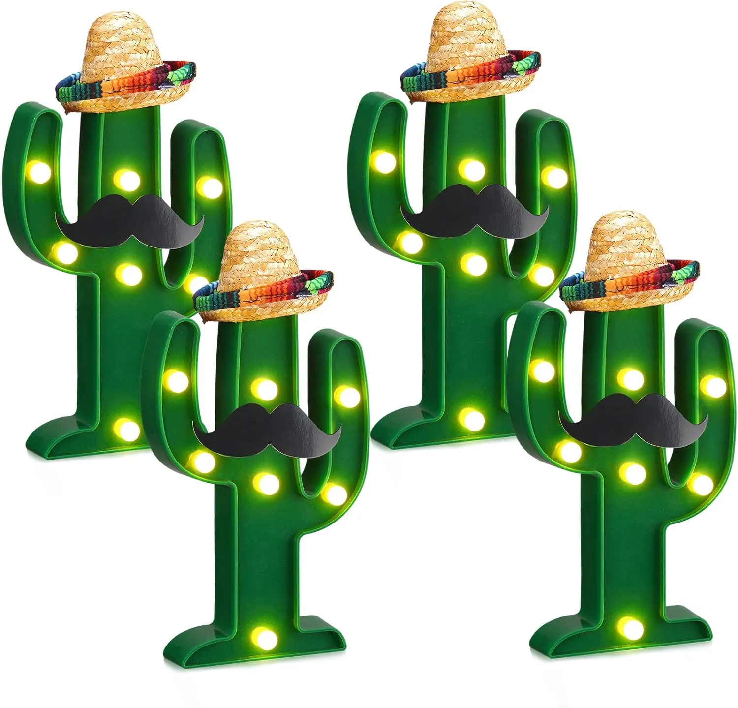 12 Pcs Cinco de Mayo LED Cactus Light with Mini Sombrero Straw Hats and Fake Beard Cinco De Mayo Table Decor Mexican Party Supplies for Table Room Bedroom Party Decoration (4.72 x 2.76 Inch)