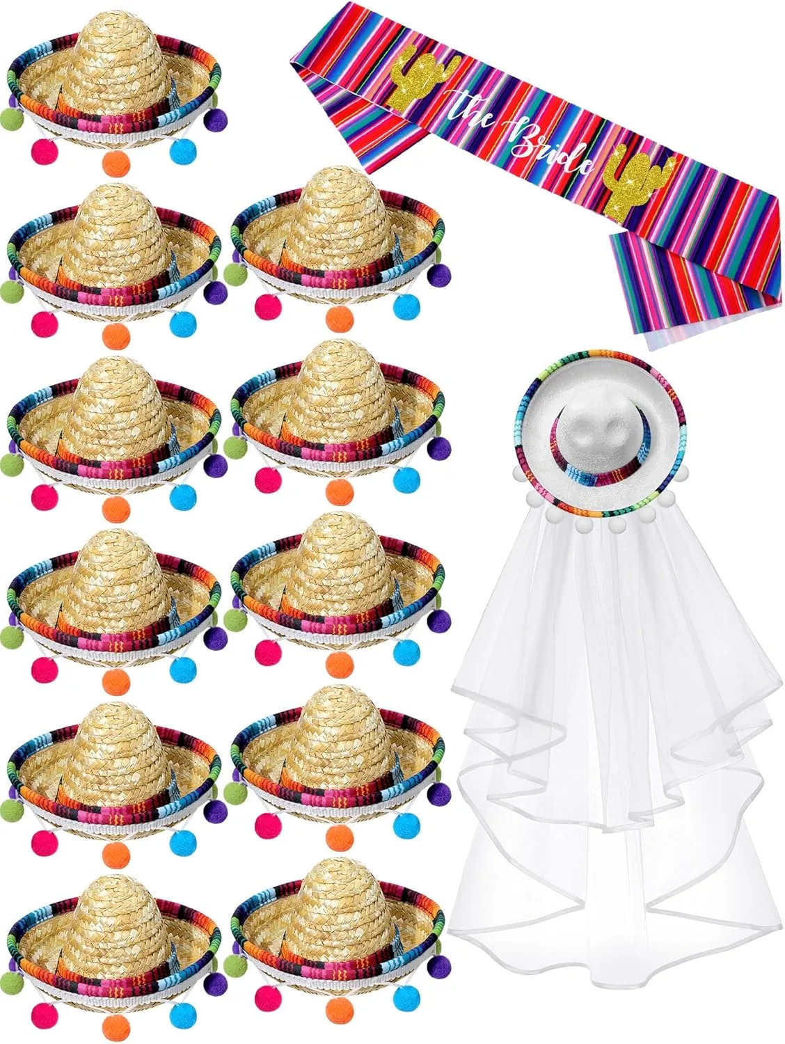 13 Pieces Fiesta Wedding Veil Bachelorette Party Decorations Fiesta Bachelorette Veil the Bride Sash 11 Bridesmaid Hat for Mexican Theme Bridal Shower Favor