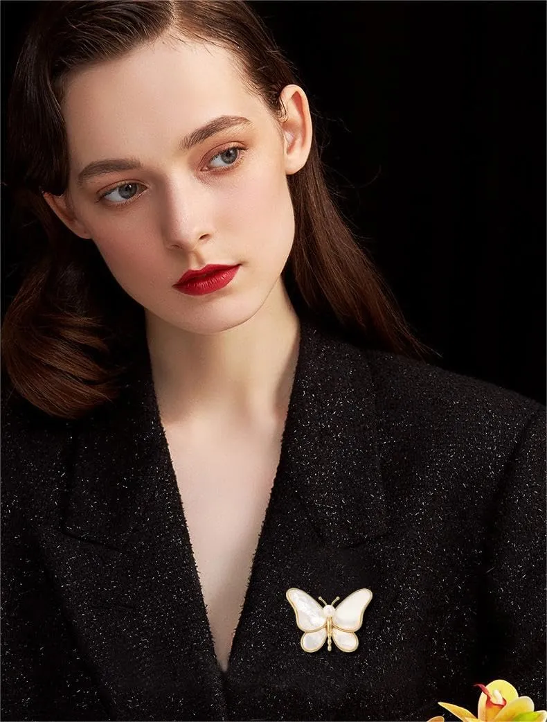 14K Gold Elegant Butterfly Brooch with Moissanite & Freshwater Pearl, Freshwater Pearl Detail, Versatile Pin for Coats and Suits