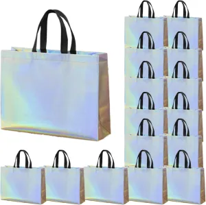 16 PCS Large Gift Bags with Handles 13"x5"x10.6" Iridescent Bag Reusable Tote for Birthday, Party and Holiday（Iridescent）