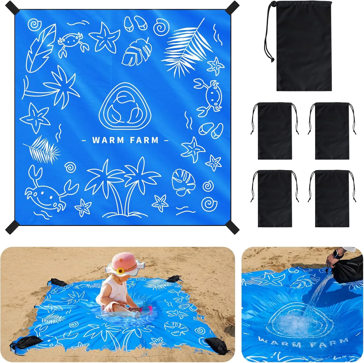 2-in-1 Beach Blanket & Kiddie Pool,6.56 x 6.56 FT Square Lightweight, Waterproof Polyester Fabric with Weighted Storage Bag & Oxford Fabric Bags, Portable Beach Toys for Safe Play Area (Blue)