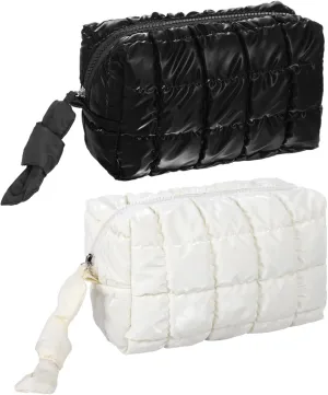 2 PCS Quilted Makeup Bags, Waterproof Puffy Travel Cosmetic Bags, Portable Puffer Makeup Pouches, Checkered Zipper Bags, Travel Essential Organizers, Black and White