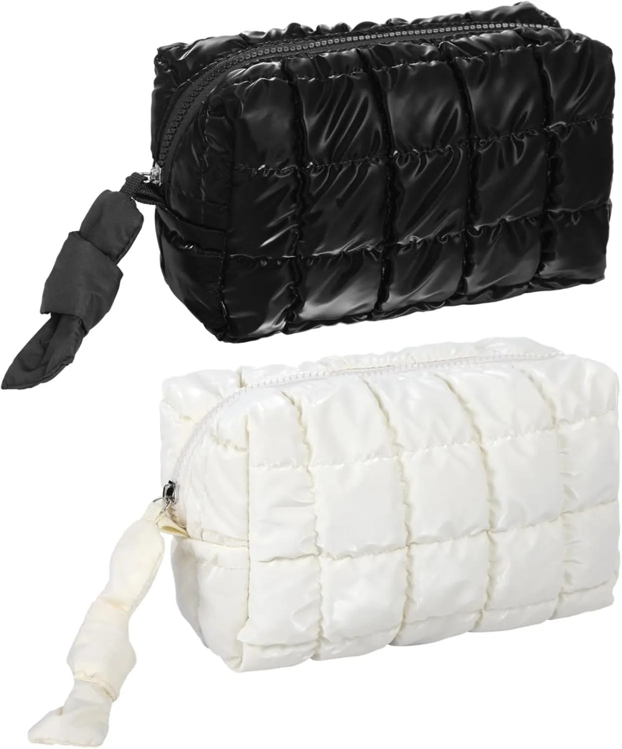 2 PCS Quilted Makeup Bags, Waterproof Puffy Travel Cosmetic Bags, Portable Puffer Makeup Pouches, Checkered Zipper Bags, Travel Essential Organizers, Black and White