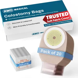 20 PCS Colostomy Bags – Ostomy Supplies - One-Piece Drainable Ostomy Bag with Odor Control for Ilestomy Stoma Care - Includes Measuring Guide and 20 Adhesive Remover Wipes - Cut-to-Fit