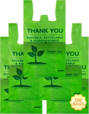 200 Count 100% Biodegradable Thank You Bags – Compostable, Recyclable, Eco-Friendly Grocery T-Shirt, 11.5" x 6.25" x 21", 16 Mic
