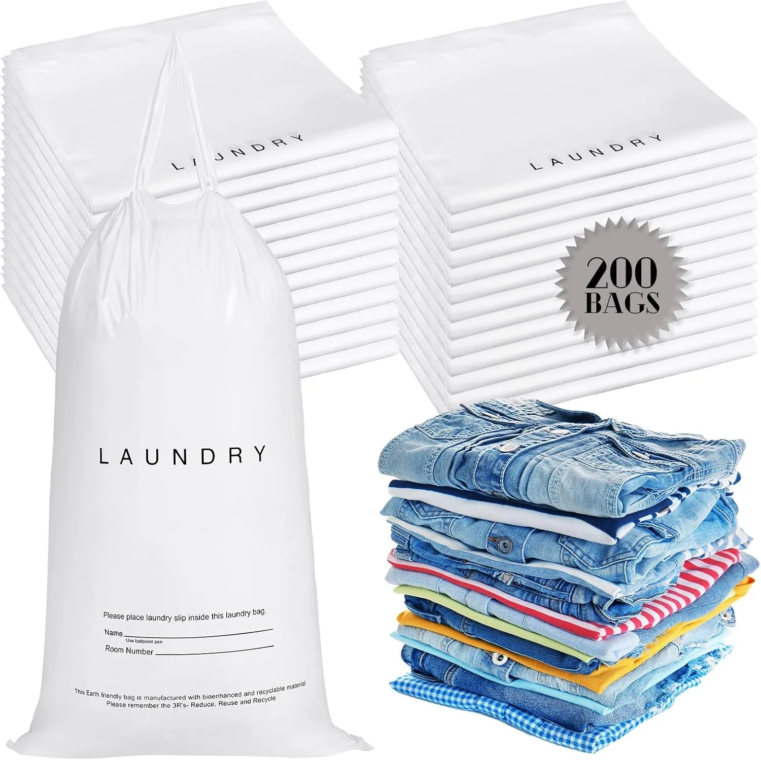 200 Pcs Hotel Laundry Bags Bulk 1.38 Mil 14" x 24" Laundry Bags Plastic with Drawstring Closure Writing Strips Patient Personal Belongings Bags Dirty Clothes Bag for Factory Travel Hospital