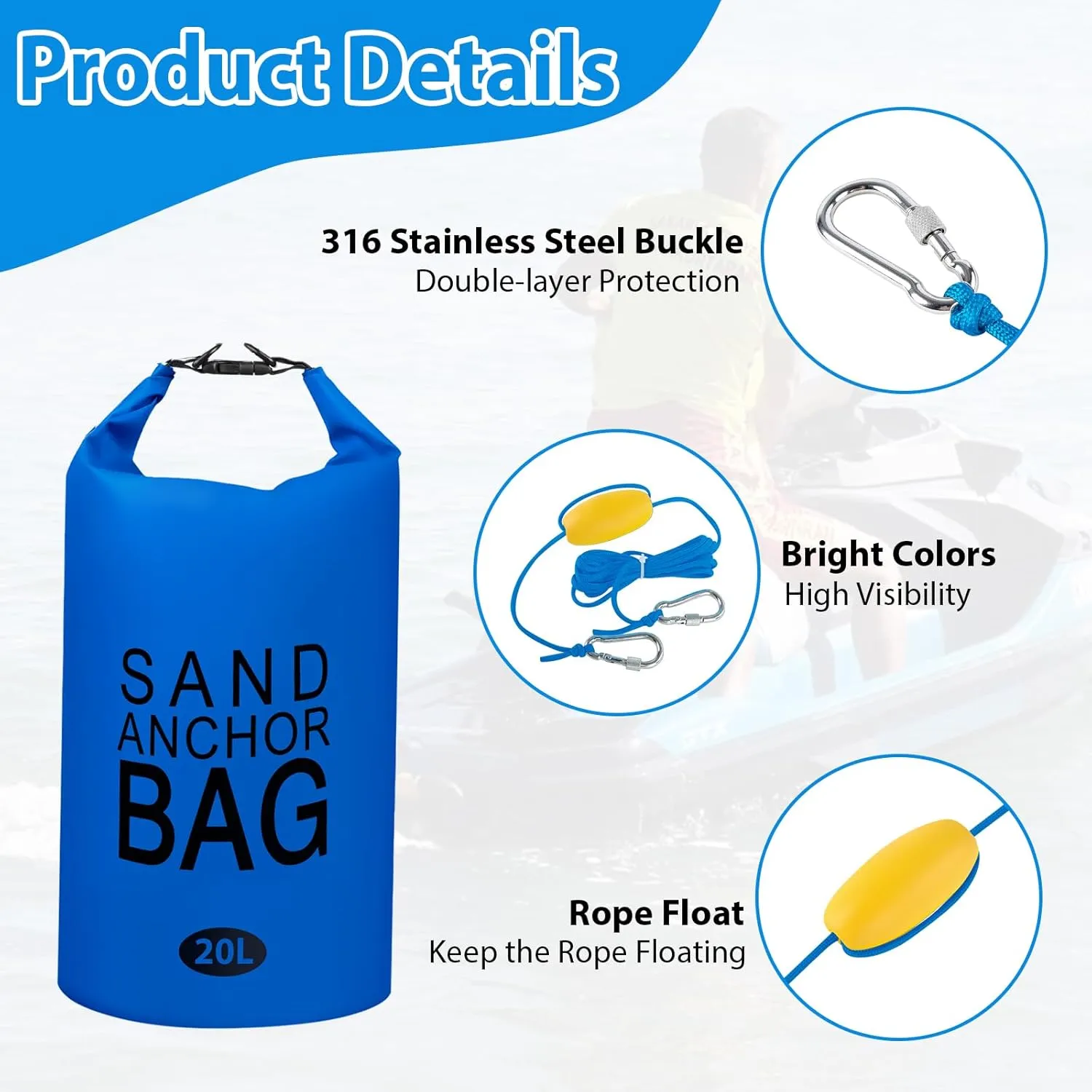 20L Sand Anchor Bag, 2 in 1 Jet Ski Anchor Kit for Float with Adjustable Buoy, Waterproof Dry Bag for Jetski, Kayak, Boat, Water Sports - Blue
