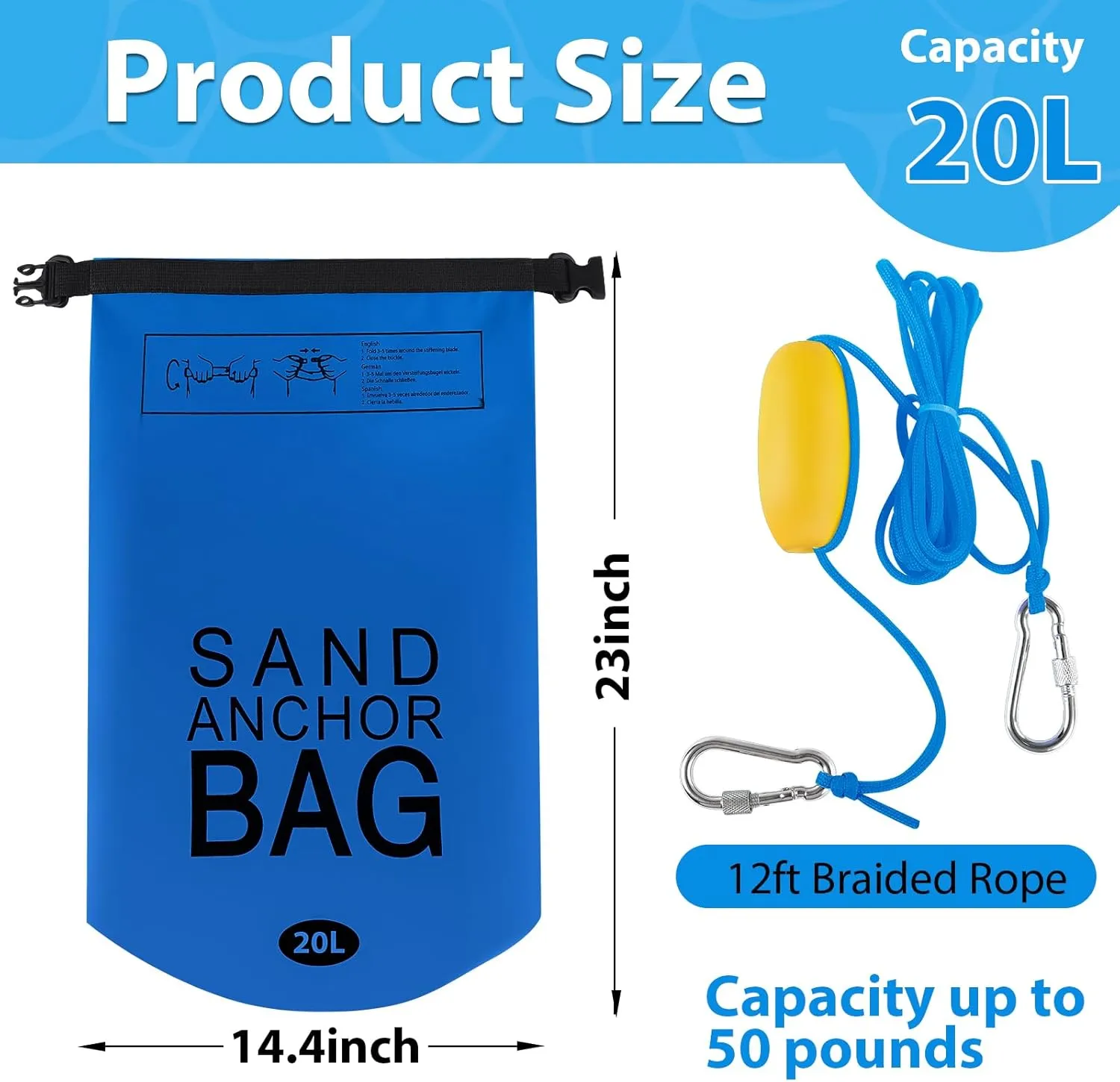 20L Sand Anchor Bag, 2 in 1 Jet Ski Anchor Kit for Float with Adjustable Buoy, Waterproof Dry Bag for Jetski, Kayak, Boat, Water Sports - Blue