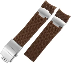 22mm Rubber Men's Watch Strap Compatible with Ulysse Nardin 263 Diver Curved End Strap Black Brown Blue Sports Watch Strap Bracelet(A Brown Silver)