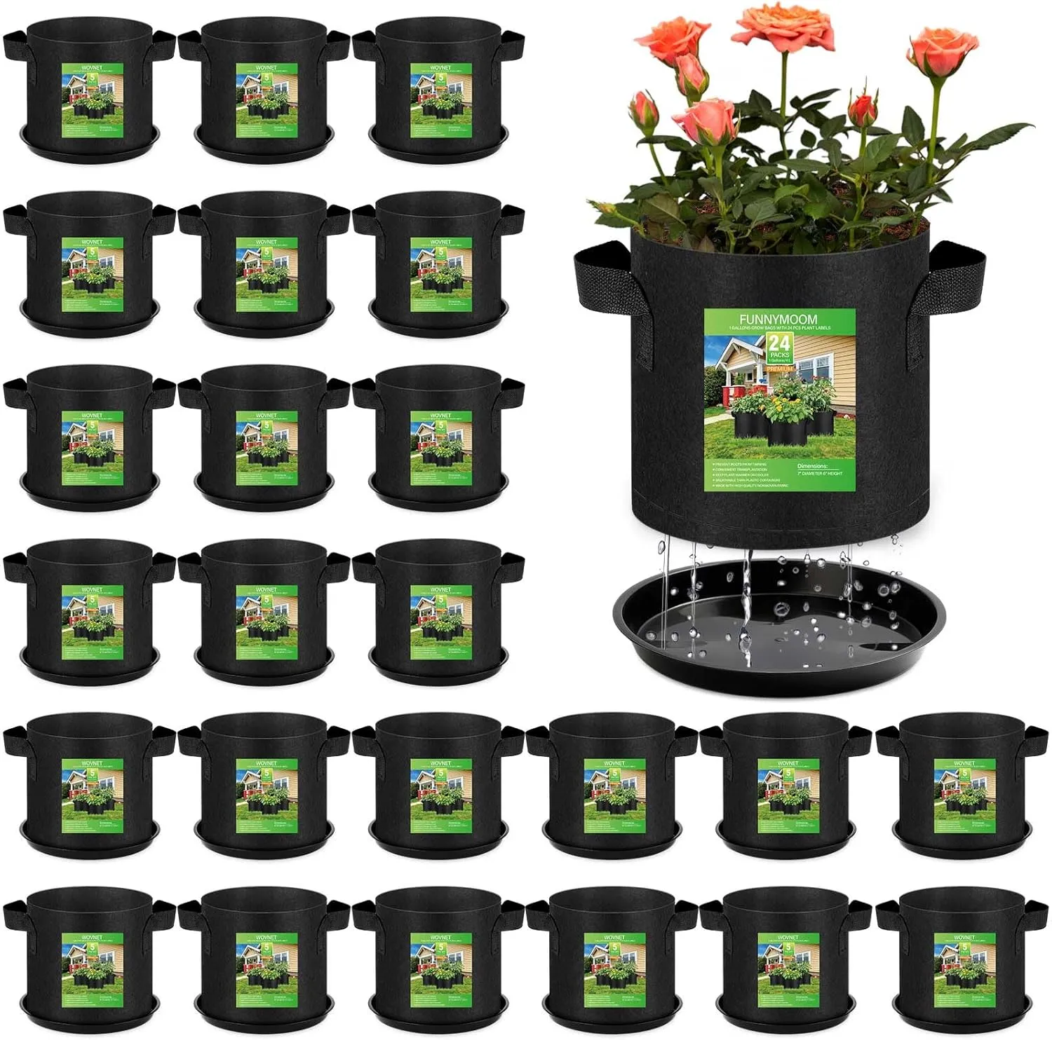24 Sets 1 Gallon Grow Bag with Plant Saucers, Durable Aeration Fabric Pots with Handles Black Drainage Planter Bags Reusable Garden Bags Plastic Drip Trays Set for Indoor Outdoor