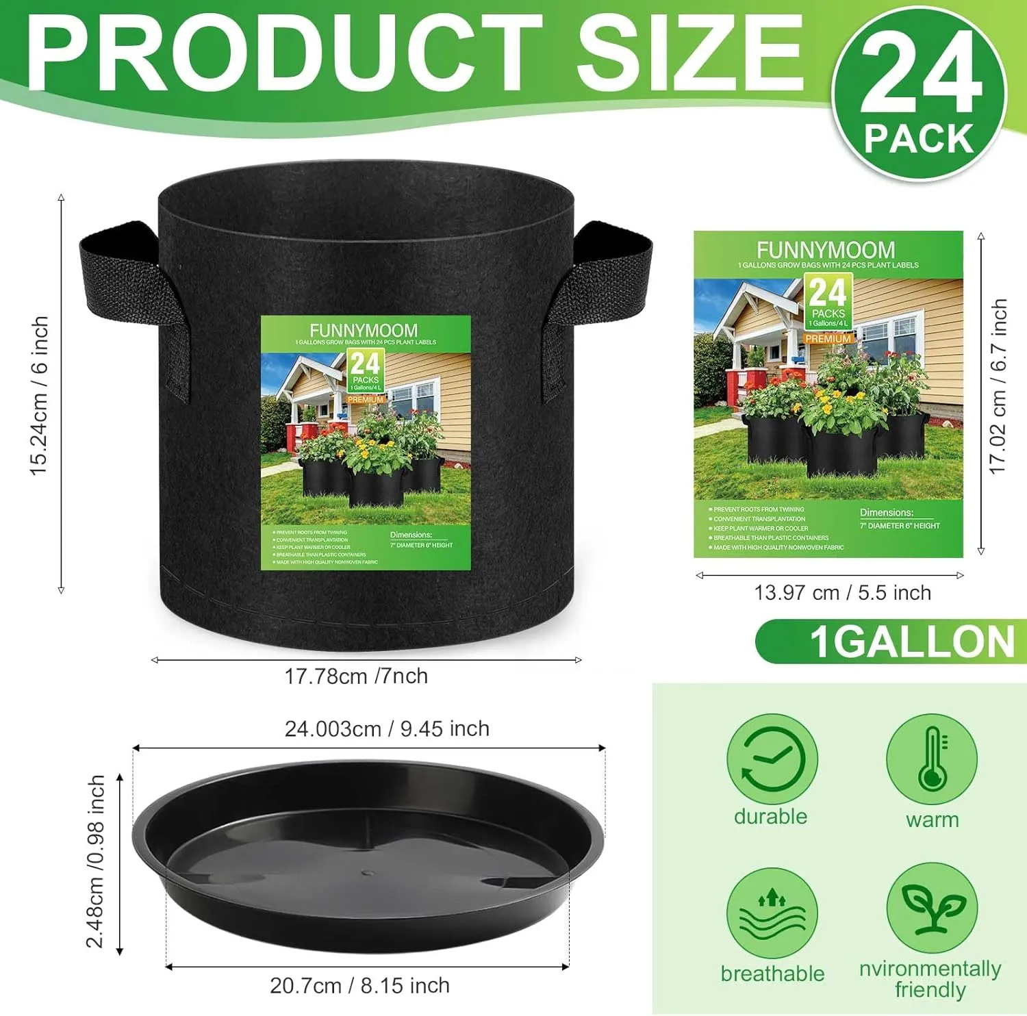 24 Sets 1 Gallon Grow Bag with Plant Saucers, Durable Aeration Fabric Pots with Handles Black Drainage Planter Bags Reusable Garden Bags Plastic Drip Trays Set for Indoor Outdoor