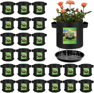 24 Sets 1 Gallon Grow Bag with Plant Saucers, Durable Aeration Fabric Pots with Handles Black Drainage Planter Bags Reusable Garden Bags Plastic Drip Trays Set for Indoor Outdoor