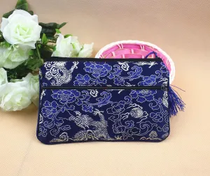 2pcs Tassel Travel Two Zipper Purse Jewelry Makeup Pouch Bags Chinese Silk Brocade Storage Bags Jewellery Cosmetic Cell Phone (dark blue (2 pcs Pattern Random))