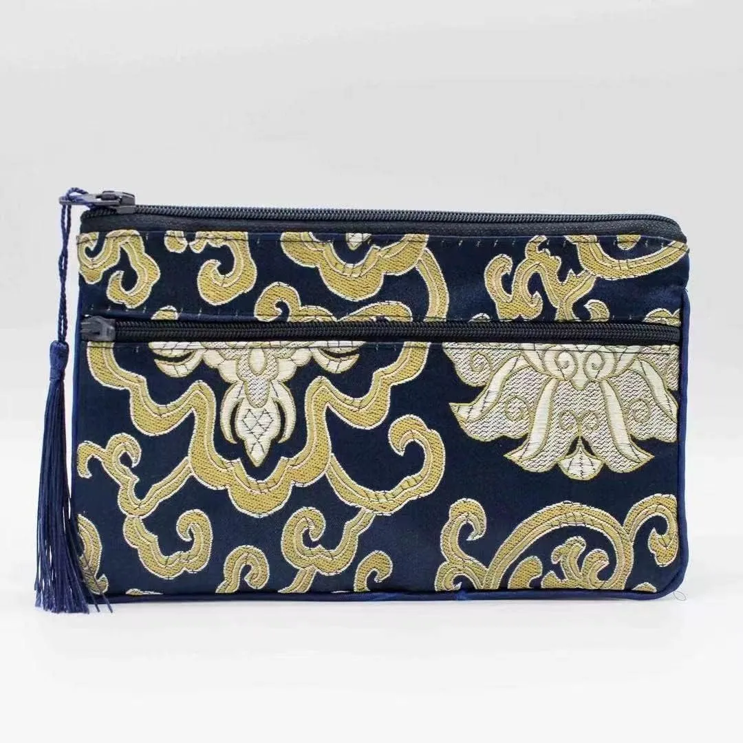 2pcs Tassel Travel Two Zipper Purse Jewelry Makeup Pouch Bags Chinese Silk Brocade Storage Bags Jewellery Cosmetic Cell Phone (dark blue (2 pcs Pattern Random))