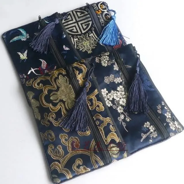 2pcs Tassel Travel Two Zipper Purse Jewelry Makeup Pouch Bags Chinese Silk Brocade Storage Bags Jewellery Cosmetic Cell Phone (dark blue and coffee (2 pcs Pattern Random))