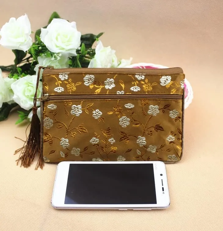 2pcs Tassel Travel Two Zipper Purse Jewelry Makeup Pouch Bags Chinese Silk Brocade Storage Bags Jewellery Cosmetic Cell Phone (dark blue and coffee (2 pcs Pattern Random))