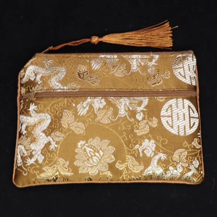 2pcs Tassel Travel Two Zipper Purse Jewelry Makeup Pouch Bags Chinese Silk Brocade Storage Bags Jewellery Cosmetic Cell Phone (dark blue and coffee (2 pcs Pattern Random))