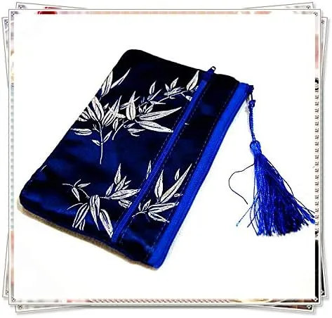 2pcs Tassel Travel Two Zipper Purse Jewelry Makeup Pouch Bags Chinese Silk Brocade Storage Bags Jewellery Cosmetic Cell Phone (dark blue and coffee (2 pcs Pattern Random))