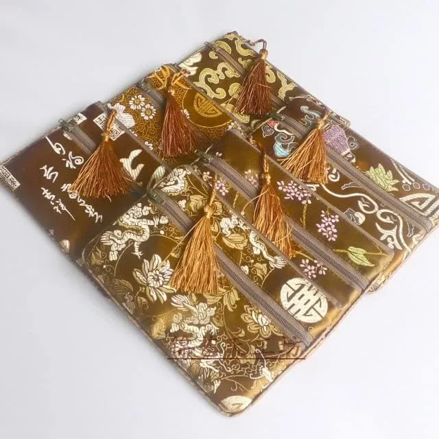 2pcs Tassel Travel Two Zipper Purse Jewelry Makeup Pouch Bags Chinese Silk Brocade Storage Bags Jewellery Cosmetic Cell Phone (dark blue and coffee (2 pcs Pattern Random))