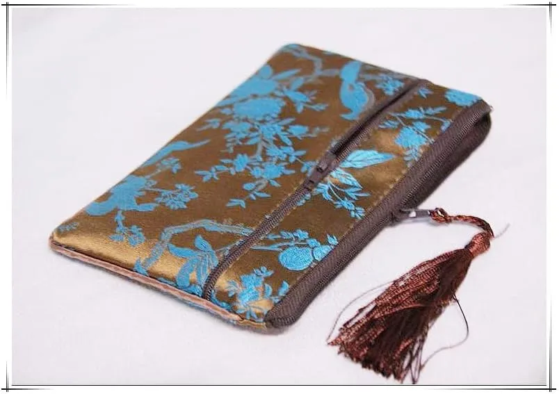 2pcs Tassel Travel Two Zipper Purse Jewelry Makeup Pouch Bags Chinese Silk Brocade Storage Bags Jewellery Cosmetic Cell Phone (dark blue and coffee (2 pcs Pattern Random))