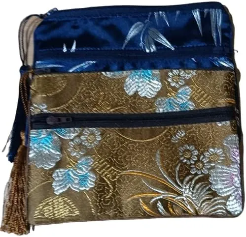 2pcs Tassel Travel Two Zipper Purse Jewelry Makeup Pouch Bags Chinese Silk Brocade Storage Bags Jewellery Cosmetic Cell Phone (dark blue and coffee (2 pcs Pattern Random))