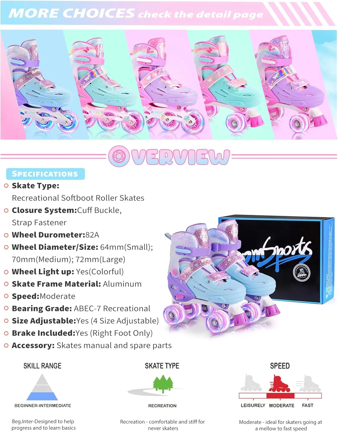 2PM SPORTS Kids Roller Skates Girls Boys Ages 5-8 8-12 4-6 6-12 with Light Up Wheels, Adjustable Rollerskates Beginner Toddler Youth Size 10C 11C 12C 13C 1 2 3 4 5 6