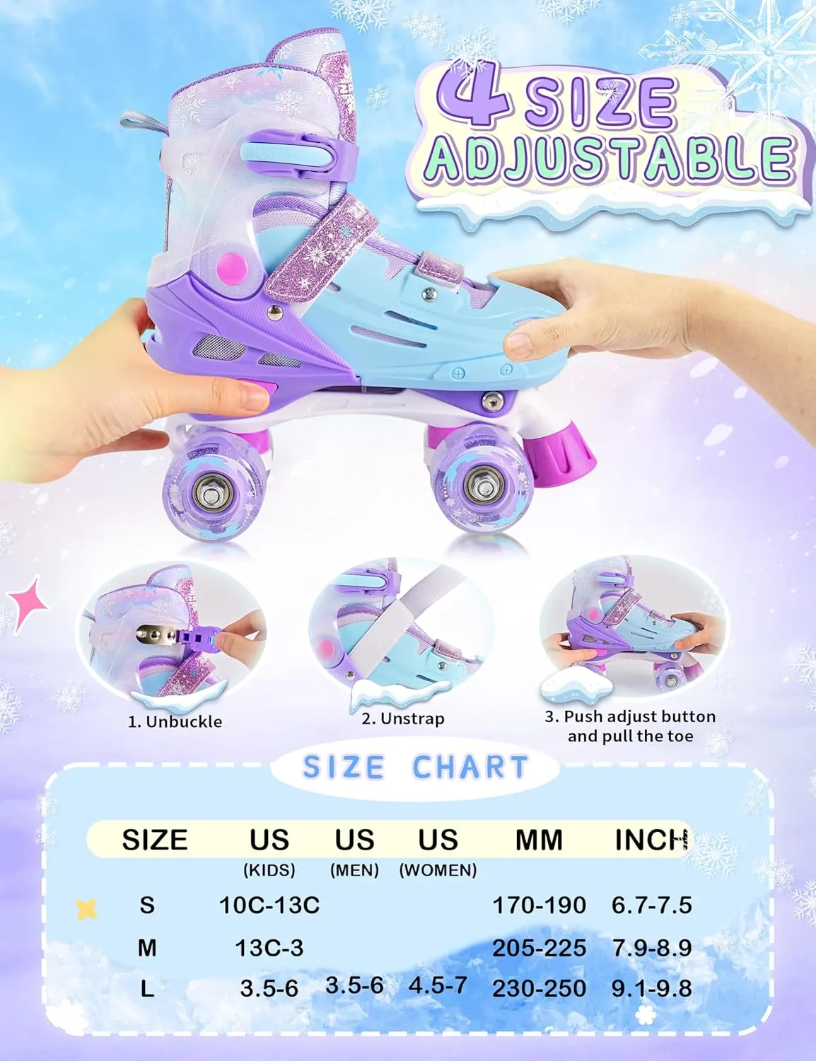 2PM SPORTS Kids Roller Skates Girls Boys Ages 5-8 8-12 4-6 6-12 with Light Up Wheels, Adjustable Rollerskates Beginner Toddler Youth Size 10C 11C 12C 13C 1 2 3 4 5 6