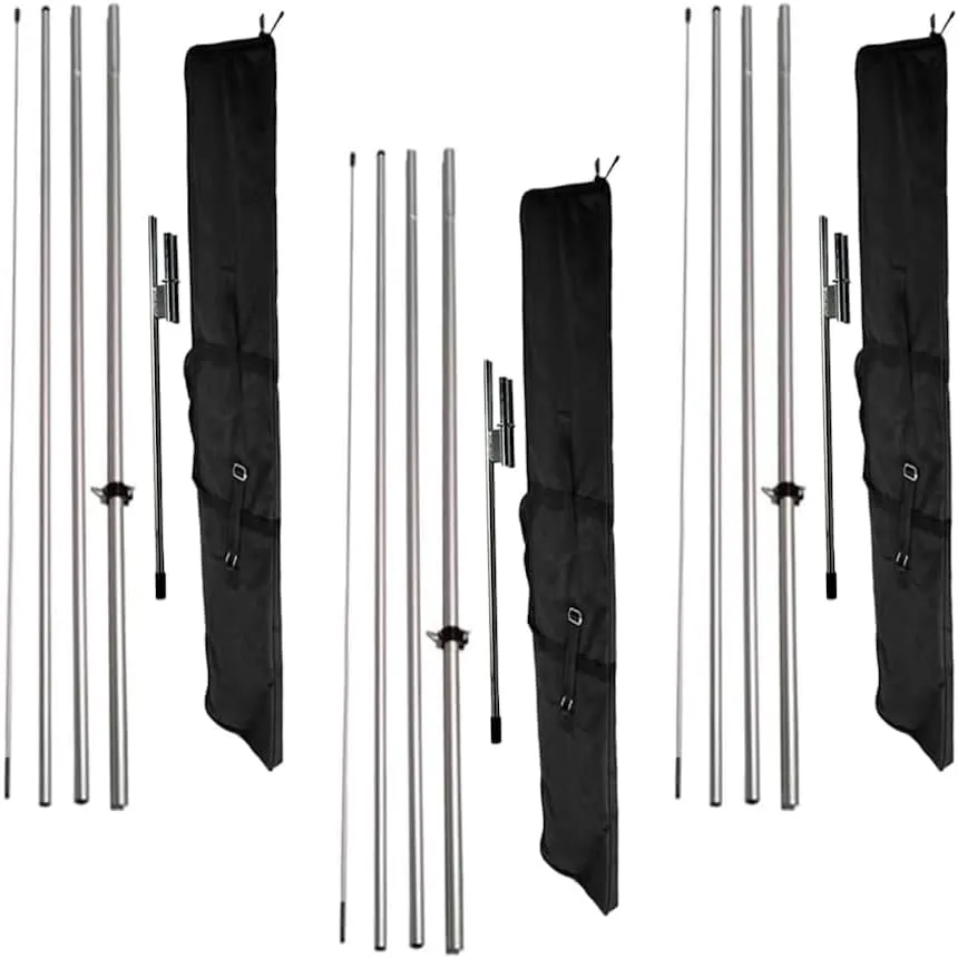 3 Pack of Feather Banner Flutter Flag Telescoping Hardware Sets, 4-Piece 15ft Telescopic, 3 Pole Kits with 3 Travel Bags and 3 Ground Spikes, for Windless & Swooper Flags (Pack of 3)