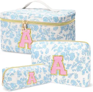 3 PCS Travel Makeup Bag Set, A-Z Initials Cotton Make up Bag Floral Quilted Cosmetic Bag for Girls and Women, Personalized Cute Toiletry Bag Travel Accessories Brushes Bag Blue - A
