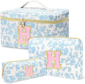 3 PCS Travel Makeup Bag Set, A-Z Initials Cotton Make up Bag Floral Quilted Cosmetic Bag for Girls and Women, Personalized Cute Toiletry Bag Travel Accessories Brushes Bag Blue - H