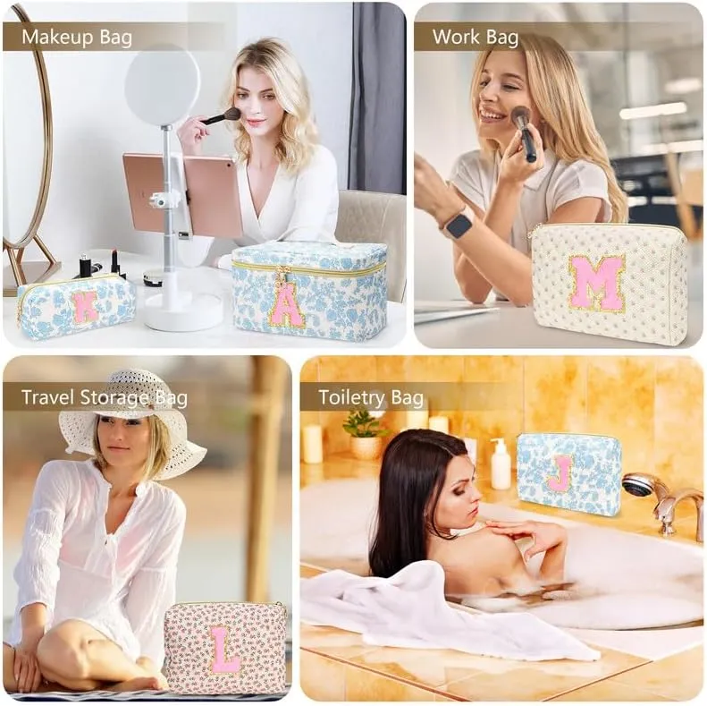 3 PCS Travel Makeup Bag Set, A-Z Initials Cotton Make up Bag Floral Quilted Cosmetic Bag for Girls and Women, Personalized Cute Toiletry Bag Travel Accessories Brushes Bag Flower - R