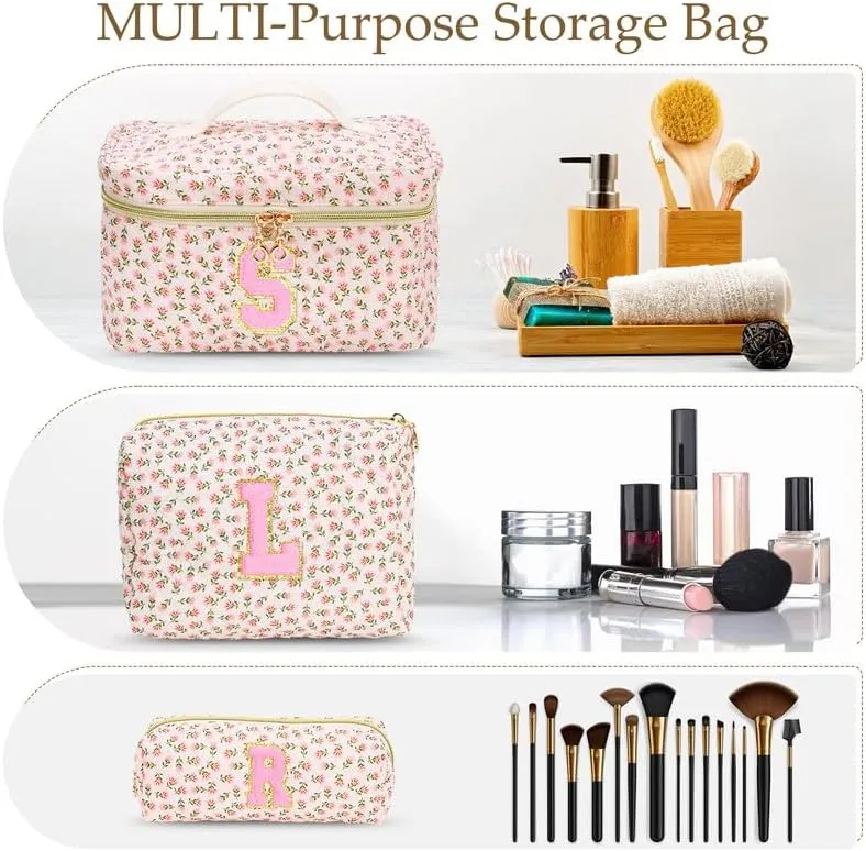 3 PCS Travel Makeup Bag Set, A-Z Initials Cotton Make up Bag Floral Quilted Cosmetic Bag for Girls and Women, Personalized Cute Toiletry Bag Travel Accessories Brushes Bag Flower - R