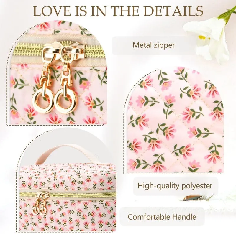 3 PCS Travel Makeup Bag Set, A-Z Initials Cotton Make up Bag Floral Quilted Cosmetic Bag for Girls and Women, Personalized Cute Toiletry Bag Travel Accessories Brushes Bag Flower - R