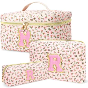 3 PCS Travel Makeup Bag Set, A-Z Initials Cotton Make up Bag Floral Quilted Cosmetic Bag for Girls and Women, Personalized Cute Toiletry Bag Travel Accessories Brushes Bag Flower - R