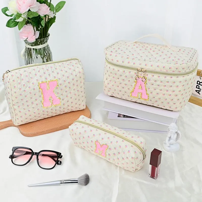 3 PCS Travel Makeup Bag Set, A-Z Initials Cotton Make up Bag Floral Quilted Cosmetic Bag for Girls and Women, Personalized Cute Toiletry Bag Travel Accessories Brushes Bag Flower - R