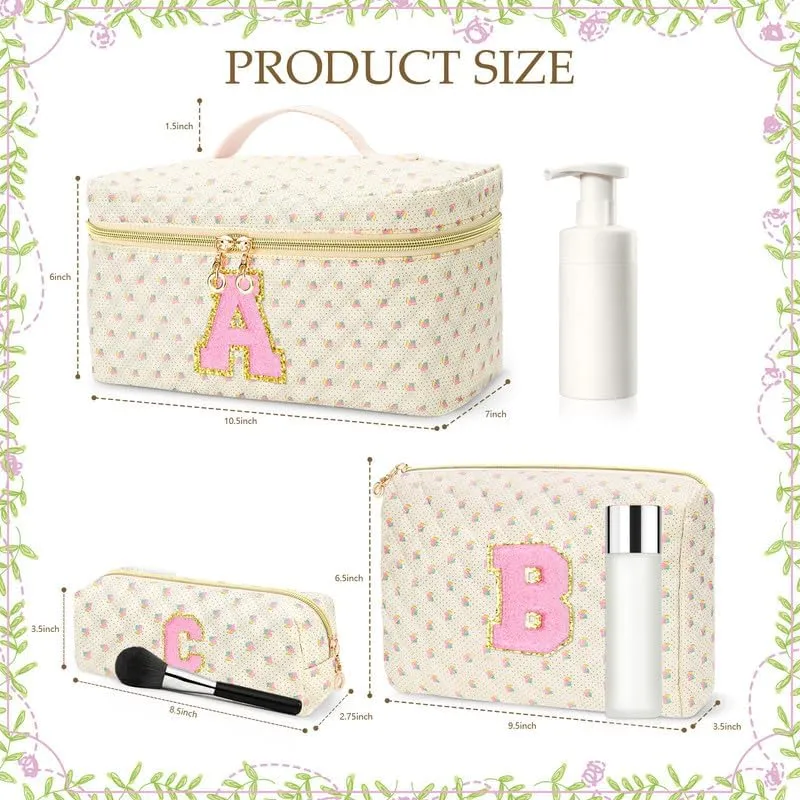 3 PCS Travel Makeup Bag Set, A-Z Initials Cotton Make up Bag Floral Quilted Cosmetic Bag for Girls and Women, Personalized Cute Toiletry Bag Travel Accessories Brushes Bag Flower - R