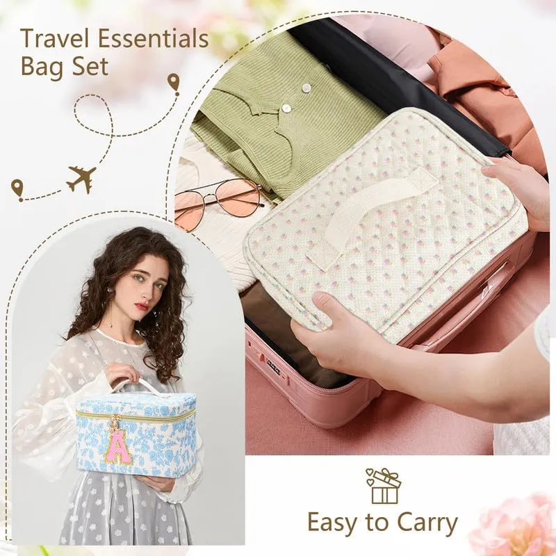 3 PCS Travel Makeup Bag Set, A-Z Initials Cotton Make up Bag Floral Quilted Cosmetic Bag for Girls and Women, Personalized Cute Toiletry Bag Travel Accessories Brushes Bag Flower - R