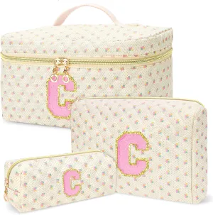 3 PCS Travel Makeup Bag Set, A-Z Initials Cotton Make up Bag Floral Quilted Cosmetic Bag for Girls and Women, Personalized Cute Toiletry Bag Travel Accessories Brushes Bag Yellow - C