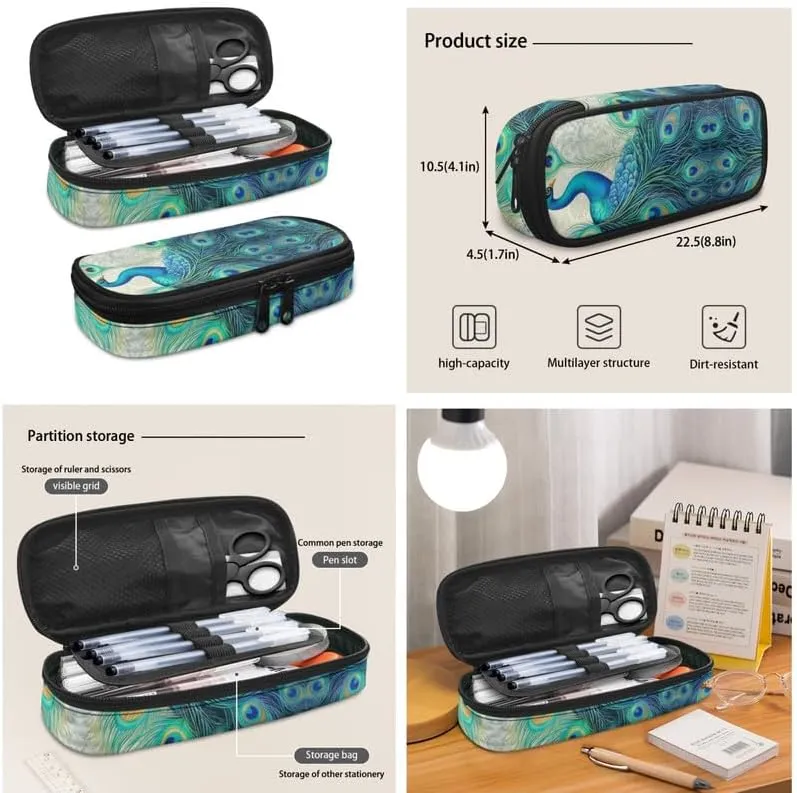 3 Pieces Boho Turquoise Peacock Backpack Sets 17" Plant Peacocks Feather Youth Schoolbag Forest Animal Lunch Box Pen Bag Suitable Junior, Senior Students